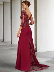 Aimishang  Mermaid / Trumpet Mother of the Bride Dress Luxurious Elegant V Neck Court Train Lace Stretch Chiffon 3/4 Length Sleeve with Sequin Appliques