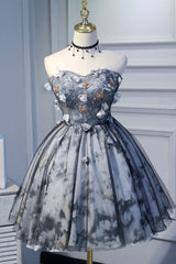 Gray Short Strapless Tulle Prom Dress, Cute A-Line Party Dress