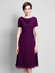 A-Line Mother of the Bride Dress Cowl Neck Tea Length Chiffon Short Sleeve with Ruched Side