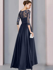 Aimishang A-Line Mother of the Bride Dress Wedding Guest Elegant High Low Scoop Neck Asymmetrical Floor Length Satin Lace Half Sleeve with Bow(s) Pleats Appliques