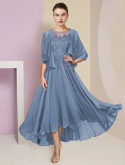 Aimishang  Two Piece A-Line Mother of the Bride Dress Formal Wedding Guest Elegant High Low Scoop Neck Asymmetrical Tea Length Chiffon Lace Short Sleeve Wrap Included with Sequin Appliques