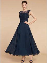 Aimishang  A-Line Mother of the Bride Dress Wedding Guest Elegant Jewel Neck Ankle Length Chiffon Lace Long Sleeve with Ruching Solid Color