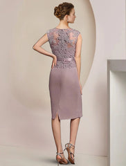 Two Piece Sheath / Column Mother of the Bride Dress Formal Wedding Guest Elegant V Neck Knee Length Chiffon Lace Sleeveless Jacket Dresses with Appliques Crystal Brooch