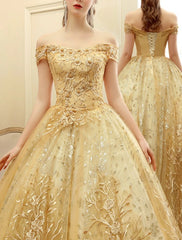 A-Line Prom Dresses Elegant Dress Formal Floor Length Short Sleeve Off Shoulder Tulle with Pearls Sequin Embroidery