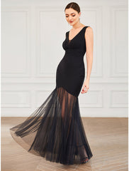 Mermaid / Trumpet Evening Gown Elegant Dress Wedding Guest Formal Evening Floor Length Sleeveless V Neck Tulle V Back with Draping Pure Color