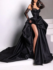 Aimishang A-Line Evening Gown Black Dress Plus Size Dress Carnival Masquerade Court Train Sleeveless Strapless Wednesday Addams Family Satin with Slit Pure Color Prom