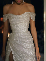 Wholesale Mermaid Evening Dresses Sparkle Wedding Dress For Reception Prom Dress Sweep / Brush Train Short Sleeve Off Shoulder Sequins with Slit