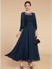 Aimishang  A-Line Mother of the Bride Dress Wedding Guest Elegant Jewel Neck Ankle Length Chiffon Lace Long Sleeve with Ruching Solid Color