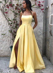 Yellow Satin Long Prom Dresses, Simple A-Line Evening Dresses