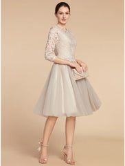 Aimishang A-Line Mother of the Bride Dress Wedding Guest Elegant Petite Jewel Neck Knee Length Lace Tulle Half Sleeve with Pleats Solid Color