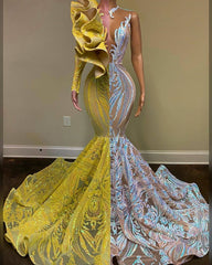 Yellow and Silver Long Sleeves Mermaid Lace Jewel Prom Dress