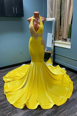 Yellow Sleeveless Halter Backless Mermaid Prom Dress