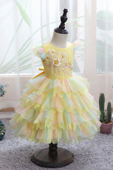 Yellow Tulle Ruffles Flower Girl Dress for Weddings with Appliques