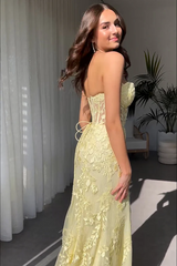 2024 Black Lace Prom Dresses Strapless Split Long Evening Dresses Mermaid