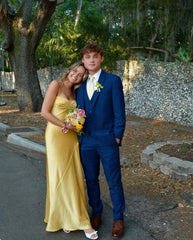 Aimishang Elegant Yellow Mermaid Spaghetti Straps Long Prom Dress Simple Evening Party Dress Formal Dress With Slit