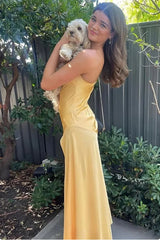 Aimishang Elegant Yellow Mermaid Spaghetti Straps Long Prom Dress Simple Evening Party Dress Formal Dress With Slit
