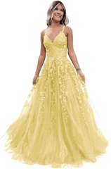 2024 Long Blue Lace Prom Dresses V Neck Formal Evening Dresses Open Back