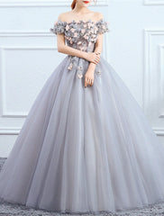 Ball Gown Quinceanera Dresses Princess Dress Performance Sweet 16 Floor Length Short Sleeve Off Shoulder Polyester with Appliques