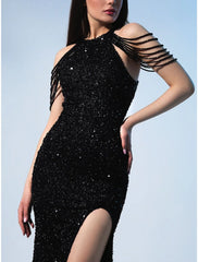 Sheath / Column Evening Gown Elegant Dress Formal Floor Length Sleeveless Jewel Neck Sequined with Glitter Slit