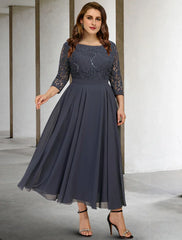 Aimishang  A-Line Mother of the Bride Dresses Plus Size Hide Belly Curve Elegant Dress Formal Tea Length 3/4 Length Sleeve Jewel Neck Chiffon with Pleats