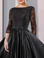 Aimishang  A-Line Mother of the Bride Dress Formal Wedding Guest Party Elegant Scoop Neck Tea Length Satin Lace 3/4 Length Sleeve with Sash / Ribbon Pleats
