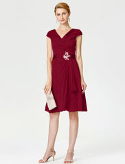 Aimishang A-Line Mother of the Bride Dress Elegant V Neck Knee Length Satin Chiffon Short Sleeve No with Sash / Ribbon Pleats Beading