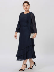 Aimishang  Sheath / Column Mother of the Bride Dress Formal Classic & Timeless Elegant & Luxurious Plus Size Jewel Neck Tea Length Chiffon 3/4 Length Sleeve yes with Pleats Tiered