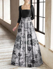 A-Line Mother of the Bride Dress Formal Wedding Guest Elegant Square Neck Floor Length Taffeta Stretch Fabric 3/4 Length Sleeve with Pleats Flower