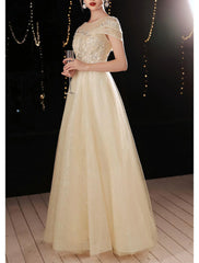 A-Line Beautiful Back Elegant Prom Formal Evening Dress Jewel Neck Short Sleeve Floor Length Lace with Beading Appliques