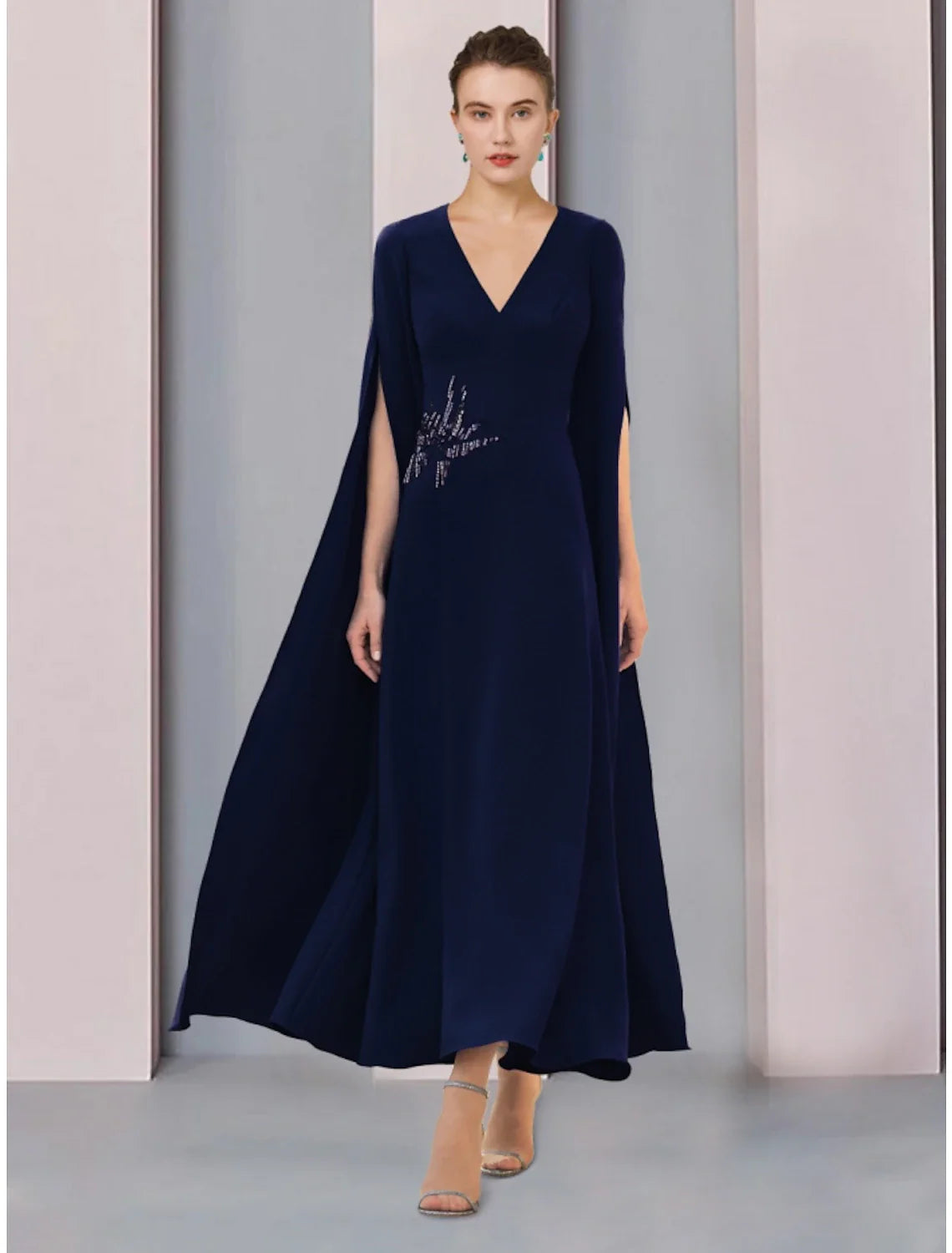 Aimishang A-Line Mother of the Bride Dress Wedding Guest Elegant V Neck Ankle Length Stretch Chiffon Half Sleeve with Sequin Ruching Solid Color
