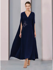 Aimishang A-Line Mother of the Bride Dress Wedding Guest Elegant V Neck Ankle Length Stretch Chiffon Half Sleeve with Sequin Ruching Solid Color
