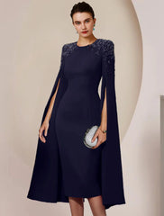Aimishang Sheath / Column Mother of the Bride Dress Formal Wedding Guest Elegant Scoop Neck Knee Length Stretch Chiffon Long Sleeve with Beading