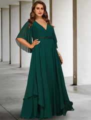 Aimishang  A-Line Mother of the Bride Dresses Plus Size Hide Belly Curve Elegant Dress Formal Sweep / Brush Train Half Sleeve V Neck Chiffon with Ruffles Strappy