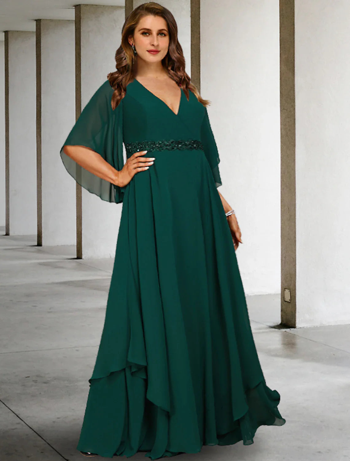 Aimishang  A-Line Mother of the Bride Dresses Plus Size Hide Belly Curve Elegant Dress Formal Sweep / Brush Train Half Sleeve V Neck Chiffon with Ruffles Strappy