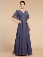 Aimishang  A-Line Mother of the Bride Dress Wedding Guest Elegant V Neck Floor Length Chiffon Lace Short Sleeve with Sequin Ruching Solid Color