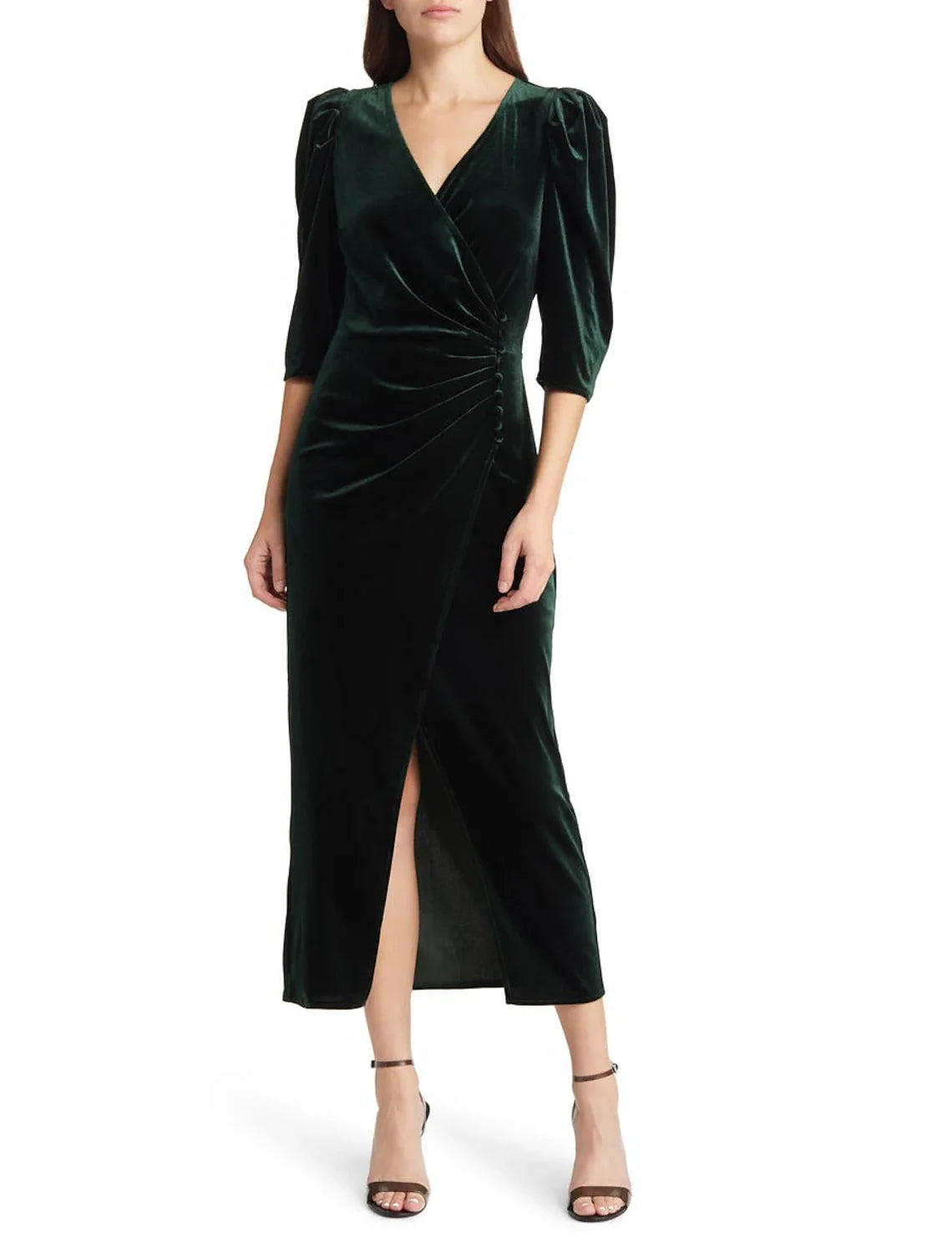 Aimishang A-Line Mother of the Bride Dress Formal Wedding Guest Elegant Party V Neck Tea Length Velvet 3/4 Length Sleeve with Split Front