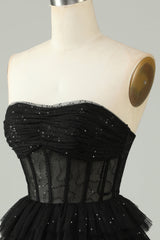 Black A Line Strapless Open Back Corset Homecoming Dress