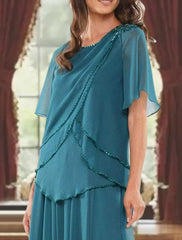 Aimishang A-Line Mother of the Bride Dress Formal Wedding Guest Elegant Jewel Neck Floor Length Chiffon Short Sleeve with Pleats Beading