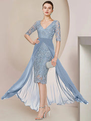XIAOPINWU DRESS Sheath / Column Mother of the Bride Dress Formal Wedding Guest Elegant V Neck Knee Length Chiffon Lace Half Sleeve