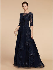Aimishang  A-Line Mother of the Bride Dress Formal Wedding Guest Elegant Party Scoop Neck Floor Length Chiffon Lace 3/4 Length Sleeve with Sequin Appliques