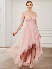 A-Line Bridesmaid Dress V Neck Sleeveless Elegant Short / Mini Lace / Tulle with Draping / Ruching  / High Low