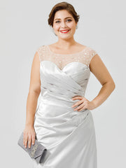 Sheath / Column Mother of the Bride Dress Classic & Timeless Elegant & Luxurious Plus Size Jewel Neck Floor Length Satin Sleeveless No with Pleats
