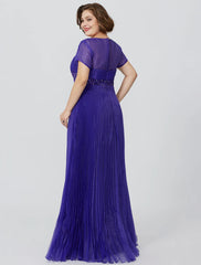 Aimishang Princess Mother of the Bride Dress Elegant & Luxurious Glamorous & Dramatic Plus Size V Neck Floor Length Organza Short Sleeve No with Pleats Beading Appliques