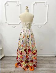 Wholesa A-Line Evening Gown Corsets Dress Formal Wedding Guest Floor Length Sleeveless Strapless Bridesmaid Dress Lace Backless with Embroidery Appliques