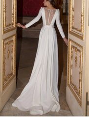 Aimishang Engagement Formal Fall Wedding Dresses A-Line Scoop Neck Long Sleeve Floor Length Satin Bridal Gowns With Sashes / Ribbons Buttons Summer Wedding Party