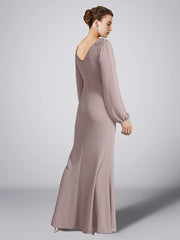 A-Line Mother of the Bride Dress Plus Size Elegant V Neck Floor Length Chiffon Long Sleeve