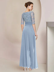 XIAOPINWU DRESS Sheath / Column Mother of the Bride Dress Formal Wedding Guest Elegant V Neck Knee Length Chiffon Lace Half Sleeve