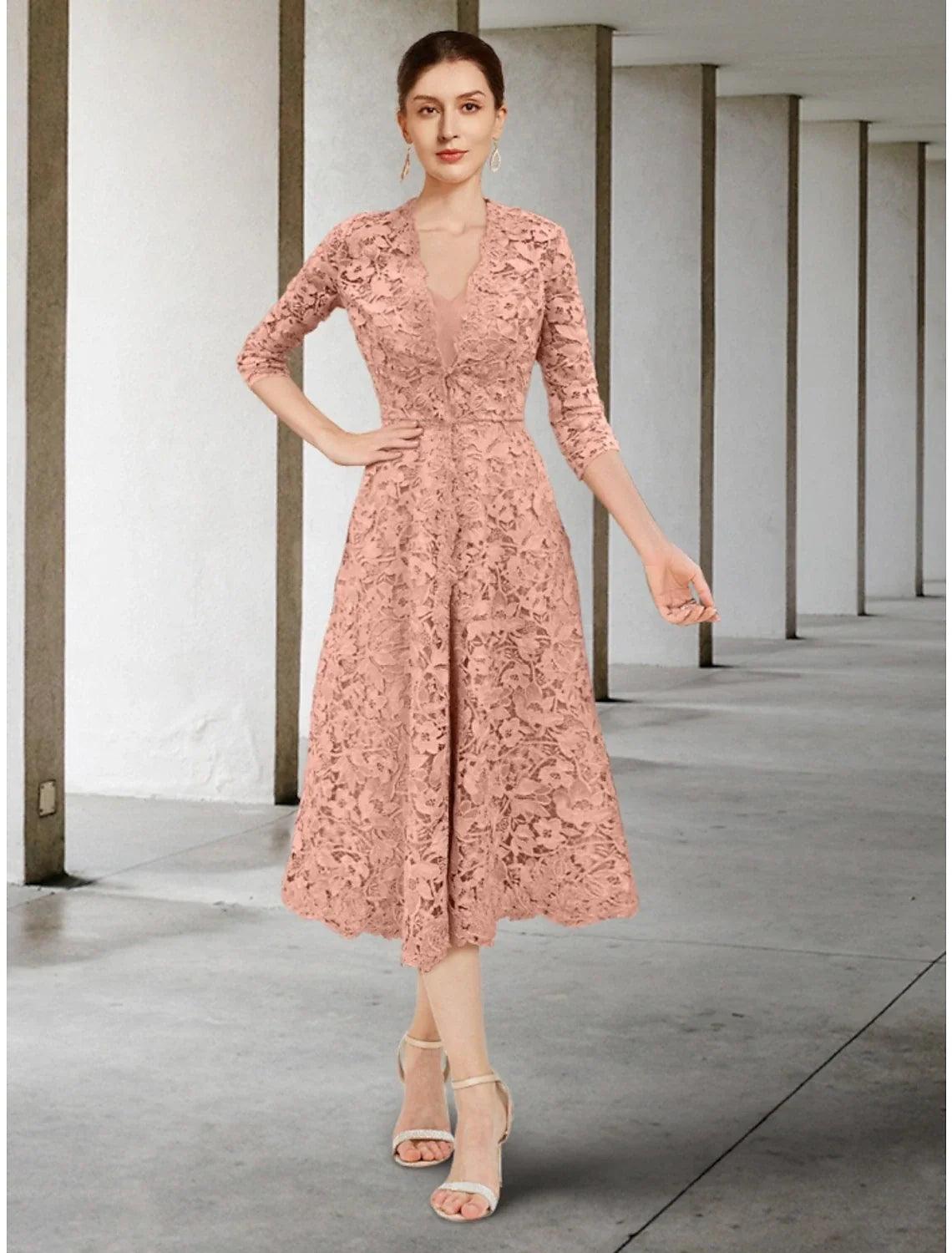 Aimishang  A-Line Mother of the Bride Dress Wedding Guest Elegant Petite V Neck Tea Length Chiffon 3/4 Length Sleeve with Ruching Solid Color