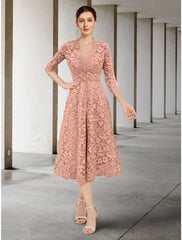 Aimishang  A-Line Mother of the Bride Dress Wedding Guest Elegant Petite V Neck Tea Length Chiffon 3/4 Length Sleeve with Ruching Solid Color