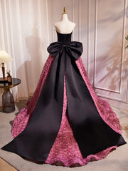Black Satin and Pink Ruffle Flower Long Prom Dress, Lovely A-Line Strapless Bow Party Evening Dress